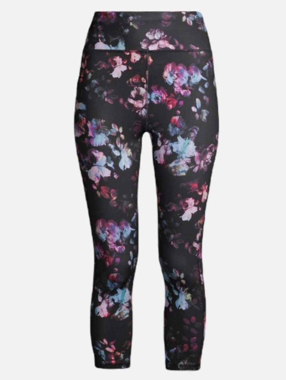 High-Waist Floral Print Leggings - Black with Pink & Blue Blooms